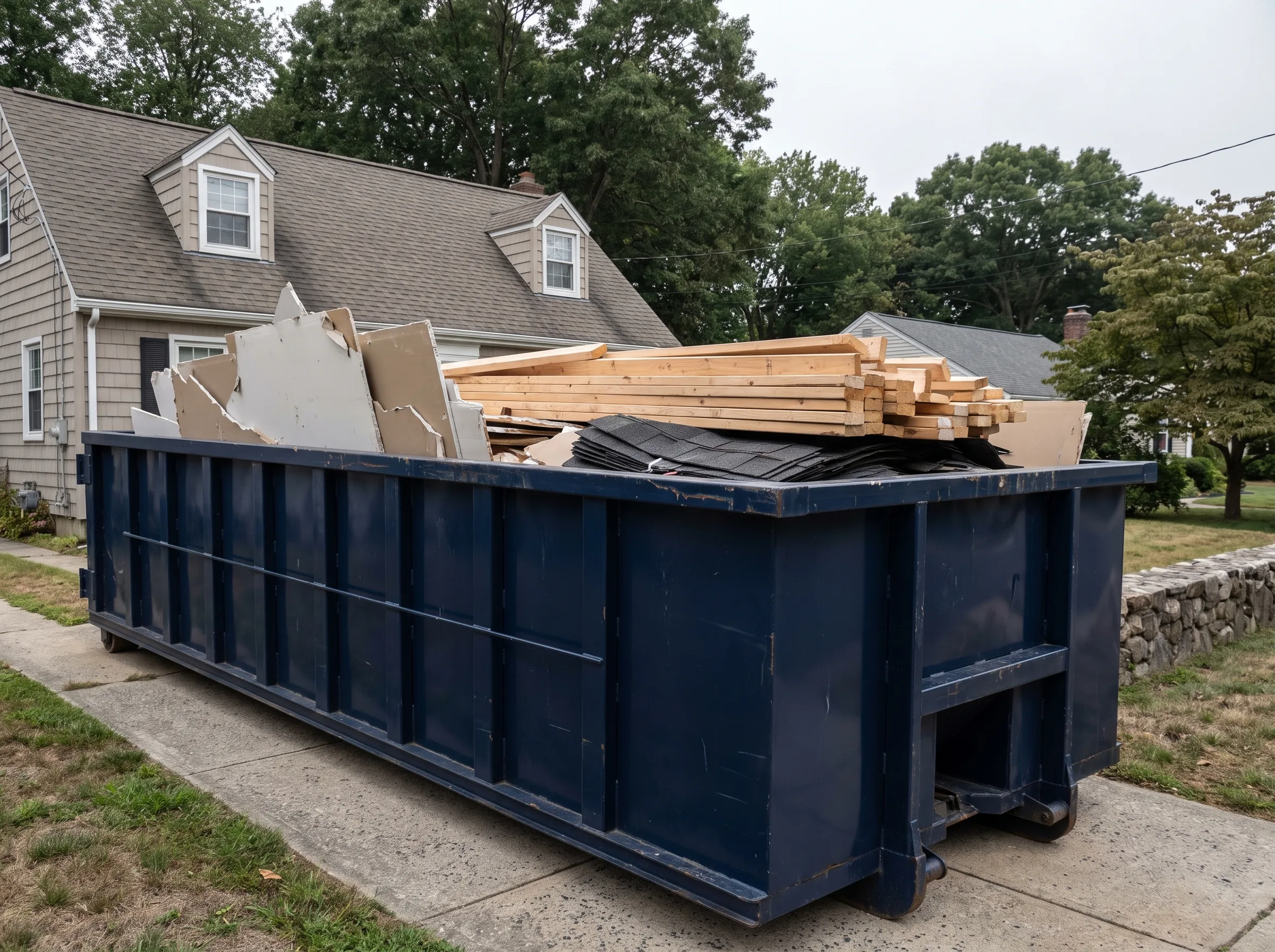 Roll-off dumpster being loaded in Middlesex County, MA